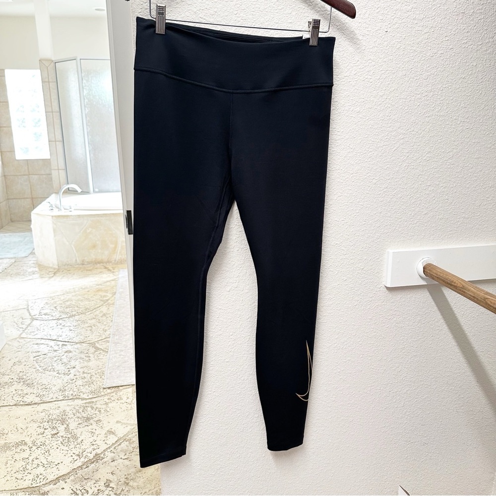 NEW NIKE Leggings Tight Fit Mid Rise Full Length Black Gold Large - Picture 2 of 7